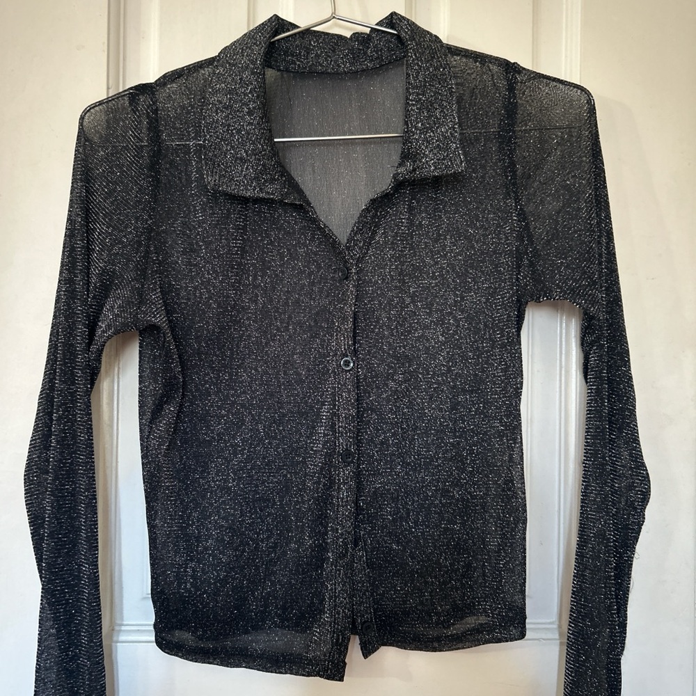 Sheer Black Glitter Button-Up Shirt